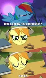 Size: 909x1533 | Tagged: safe, edit, edited screencap, screencap, rainbow dash, teddie safari, pegasus, pony, g4, sleepless in ponyville, trade ya!, caption, comic, meme, rusty horseshoe