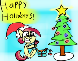 Size: 2496x1954 | Tagged: safe, artist:xarktisflamex, roseluck, earth pony, pony, g4, christmas, christmas tree, female, happy holidays, hat, mare, present, rose, santa hat, solo, tree