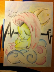 Size: 1936x2592 | Tagged: safe, artist:thebronyartist99, fluttershy, g4, cloud, crescent moon, drawing, eyes closed, female, mare, moon, solo, traditional art