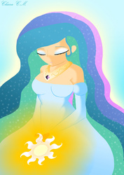 Size: 800x1132 | Tagged: safe, artist:chiaracm, princess celestia, human, g4, breasts, busty princess celestia, eyes closed, female, humanized, solo