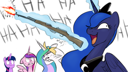 Size: 2124x1200 | Tagged: dead source, safe, artist:asadama, artist:imalou, princess cadance, princess celestia, princess luna, twilight sparkle, alicorn, pony, g4, /k/, alicorn tetrarchy, bolt action rifle, derp, female, fridge horror, gritted teeth, gun, hilarity ensues, insanity, just another day in the internet, laughing, laughing mad, magic, mare, nervous, noodle incident, not again, open mouth, ponies with guns, rifle, scared, sks, smiling, sweat, telekinesis, this will end in tears and/or death, twilight sparkle (alicorn), weapon, wide eyes, wink