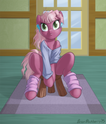 Size: 720x837 | Tagged: safe, artist:brianblackberry, cheerilee, earth pony, pony, g4, 80s, 80s cheerilee, bottomless, clothes, female, flashdance, leg warmers, partial nudity, shirt, sitting, solo, stool, younger