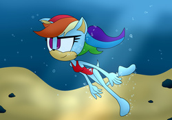 Size: 2000x1400 | Tagged: safe, artist:uwdr-64, rainbow dash, anthro, plantigrade anthro, g4, bubble, clothes, crossover, depth, female, happy, ocean, one-piece swimsuit, rock, smiling, solo, sonic the hedgehog (series), sonicified, swimming, swimsuit, underwater