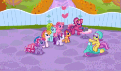 Size: 740x435 | Tagged: safe, screencap, cheerilee (g3), mayor flitter flutter, pinkie pie (g3), rainbow dash (g3), scootaloo (g3), starsong, sweetie belle (g3), toola-roola, g3, g3.5, twinkle wish adventure, animated, core seven, female, helmet, male, motorcycle helmet, scooter, smiling, waving