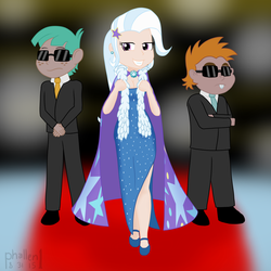 Size: 1500x1500 | Tagged: safe, artist:phallen1, snails, snips, trixie, human, g4, bodyguard, breasts, cape, carpet, cleavage, clothes, dress, feather boa, female, humanized, light skin, newbie artist training grounds, red carpet, suit, sunglasses, trixie's fans