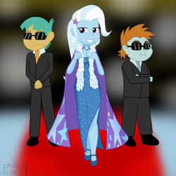 Size: 1500x1500 | Tagged: safe, artist:phallen1, snails, snips, trixie, equestria girls, g4, bodyguard, breasts, cape, carpet, cleavage, clothes, dress, earring, feather boa, female, newbie artist training grounds, piercing, red carpet, suit, sunglasses, trixie's fans