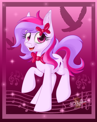 Size: 634x800 | Tagged: safe, artist:prismaticstars, artist:unisoleil, oc, oc only, oc:silent song, bird, bow, hair bow, music notes, neck bow, singing, solo