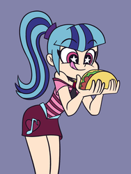 Size: 900x1200 | Tagged: safe, artist:khuzang, sonata dusk, human, equestria girls, g4, bare shoulders, clothes, cute, eyes on the prize, female, food, humanized, skirt, solo, sonatabetes, sonataco, starry eyes, taco, that girl sure loves tacos, that siren sure does love tacos, tongue out, wingding eyes
