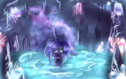 Size: 1920x1200 | Tagged: safe, artist:karmamoonshadow, princess luna, g4, cave, female, floppy ears, grotto, hot springs, magic, solo, water, wet mane