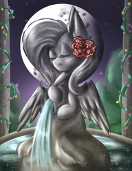 Size: 1000x1300 | Tagged: safe, artist:karmamoonshadow, fluttershy, g4, female, flower, moon, newbie artist training grounds, solo, statue, water