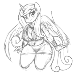 Size: 1280x1280 | Tagged: safe, artist:celine-artnsfw, princess cadance, anthro, g4, belly button, breasts, busty princess cadance, cleavage, clothes, female, looking at you, midriff, monochrome, sketch, skirt, smiling, solo