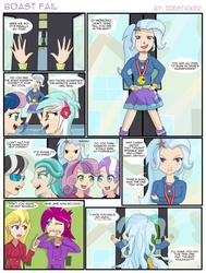 Size: 777x1029 | Tagged: safe, artist:icesticker, bon bon, brawly beats, diamond tiara, fuchsia blush, lavender lace, lyra heartstrings, ringo, sweetie belle, sweetie drops, trixie, human, equestria girls, g4, anime, background human, comic, humanized