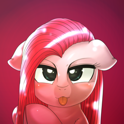 Size: 1000x1000 | Tagged: safe, artist:ushiro no kukan, pinkie pie, g4, :3, :p, bedroom eyes, cute, cuteamena, female, floppy ears, looking at you, pinkamena diane pie, smiling, solo, tongue out