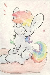 Size: 690x1032 | Tagged: safe, artist:slightlyshade, rainbow dash, g4, cute, dashabetes, female, pillow, solo, traditional art