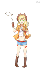 Size: 600x1000 | Tagged: safe, artist:riri, applejack, human, g4, belly button, clothes, cutie mark on legs, female, gloves, humanized, lasso, pixiv, rope, shorts, solo