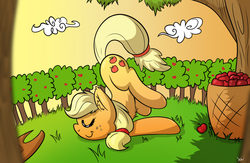 Size: 900x585 | Tagged: safe, artist:fluffyxai, applejack, earth pony, pony, g4, apple, chest fluff, cute, ear fluff, eyes closed, female, freckles, hatless, jackabetes, missing accessory, silly, silly pony, sleeping, smiling, solo, tree, who's a silly pony