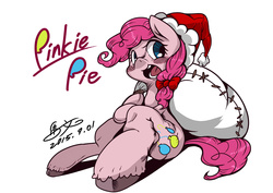 Size: 2338x1653 | Tagged: safe, artist:umabun, artist:馬文, pinkie pie, g4, bag, female, hat, pixiv, sack, santa hat, santa sack, solo, unshorn fetlocks