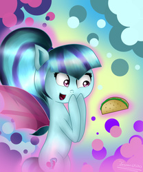 Size: 1000x1200 | Tagged: safe, artist:terezas474747, sonata dusk, pony, g4, female, fin wings, fins, looking down, ponified, solo, sonataco, taco, that girl sure loves tacos, that pony sure does love tacos, that siren sure does love tacos, wings