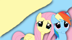 Size: 2560x1440 | Tagged: safe, fluttershy, rainbow dash, g4, trade ya!, duo, pouting, vector, wallpaper, wide eyes
