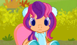 Size: 740x435 | Tagged: safe, screencap, scootaloo (g3), earth pony, pony, g3.5, twinkle wish adventure, animated, clothes, cute, cutealoo, earmuffs, female, gif, looking at you, scarf, solo, talking