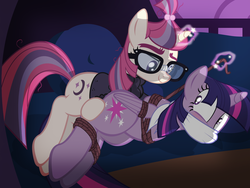 Size: 1024x768 | Tagged: safe, alternate version, artist:radiantrealm, moondancer, twilight sparkle, alicorn, pony, amending fences, g4, adventure in the comments, bondage, bound wings, box tied, cloth gag, female, gag, lesbian, mare, rope, ship:twidancer, shipping, show accurate, tied up, twilight sparkle (alicorn)
