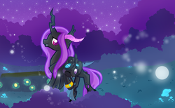 Size: 2592x1601 | Tagged: safe, artist:breloomsgarden, oc, oc only, oc:lacewing, oc:neo miles, changeling, changeling oc, commission, duo, night, purple changeling