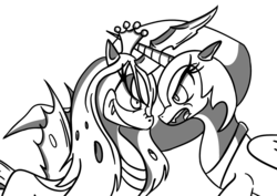 Size: 1748x1240 | Tagged: safe, artist:adamclowery, nightmare moon, queen chrysalis, alicorn, changeling, changeling queen, pony, g4, female, monochrome