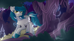 Size: 2592x1456 | Tagged: safe, artist:breloomsgarden, oc, oc only, oc:will o' wisp, earth pony, pony, contest entry, female, forest, mare, solo, spooky, wisps