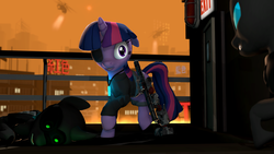 Size: 1920x1080 | Tagged: safe, artist:d0ntst0pme, twilight sparkle, changeling, cyborg, pony, unicorn, g4, 3d, amputee, cattle prod, city, clothes, eyepatch, future, future twilight, glowstick, gmod, helicopter, night vision goggles, not sfm, prosthetic limb, prosthetics, unconscious