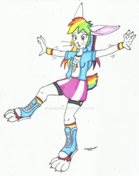 Size: 1403x1770 | Tagged: safe, artist:cqmorrell, rainbow dash, human, rabbit, anthro, equestria girls, bunnified, clothes, deviantart watermark, female, losing balance, obtrusive watermark, rabbit dash, shoes, signature, simple background, skirt, sneakers, solo, species swap, standing, standing on one leg, traditional art, transformation, watermark