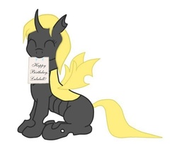 Size: 645x523 | Tagged: safe, artist:two_madmans, oc, oc only, oc:mirage, changeling, birthday, note, solo, yellow changeling