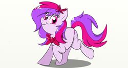 Size: 1023x550 | Tagged: safe, artist:prismaticstars, artist:scribblehearts, oc, oc only, oc:silent song, pony, :t, bow, cute, hair bow, looking at you, neck bow, raised hoof, raised leg, smiling, solo, trotting