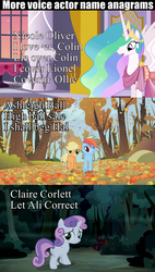 Size: 852x1495 | Tagged: safe, edit, edited screencap, screencap, applejack, princess celestia, rainbow dash, scootaloo, sweetie belle, alicorn, earth pony, pegasus, pony, appleoosa's most wanted, fall weather friends, g4, make new friends but keep discord, anagram, ashleigh ball, butt, claire corlett, female, filly, mare, meme, nicole oliver, plot, rope, voice actor