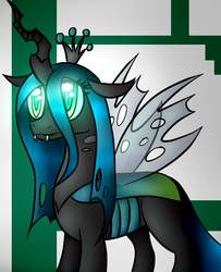 Size: 491x604 | Tagged: dead source, safe, artist:treia2002, queen chrysalis, changeling, changeling queen, g4, fangs, female, glowing eyes, solo, transparent wings, wings