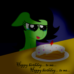 Size: 450x450 | Tagged: artist needed, safe, oc, oc only, oc:anon, oc:filly anon, birthday cake, cake, candle, crying, cute, female, filly, floppy ears, happy birthday, happy birthday to me, neglect, pancakes, sad, solo, tearjerker