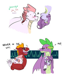 Size: 1024x1138 | Tagged: safe, artist:craftedfun3, garble, spike, oc, oc:curious violet, oc:jaw bite, dracony, dragon, hybrid, g4, father and daughter, father and son, interspecies offspring, magical gay spawn, oc x oc, offspring, offspring shipping, older, older spike, parent:fizzle, parent:garble, parent:rarity, parent:spike, parents:garbizzle, parents:sparity, shipping, teenaged dragon, winged spike, wings