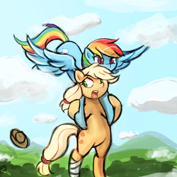 Size: 750x750 | Tagged: safe, artist:lumineko, applejack, rainbow dash, g4, 30 minute art challenge, carrying, flying, looking back, open mouth, spread wings, wide eyes