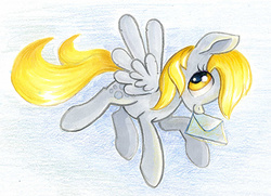 Size: 500x362 | Tagged: safe, artist:maytee, derpy hooves, pegasus, pony, g4, female, flying, letter, mail, mare, mouth hold, solo, traditional art