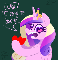 Size: 600x619 | Tagged: dead source, safe, artist:php92, princess cadance, alicorn, pony, g4, dialogue, eating, fangs, female, food, heart, implied chrysalis, open mouth, solo, wingding eyes