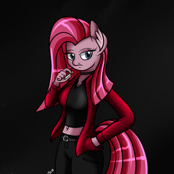 Size: 1500x1500 | Tagged: safe, artist:novaspark, pinkie pie, earth pony, anthro, g4, cigarette, clothes, female, midriff, pinkamena diane pie, smoking, solo