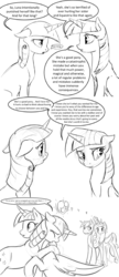 Size: 1280x2963 | Tagged: safe, artist:silfoe, princess cadance, shining armor, twilight sparkle, twilight velvet, alicorn, pony, royal sketchbook, g4, crying, dialogue, eye contact, female, floppy ears, frown, grayscale, heart, hug, lesbian, looking away, love magic, magic, mare, misspelling, monochrome, mother and daughter, open mouth, power of love, raised hoof, ship:twiluna, shipping, smiling, speech bubble, twilight sparkle (alicorn), wide eyes