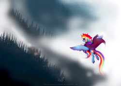 Size: 1024x724 | Tagged: safe, artist:wilvarin-liadon, rainbow dash, g4, cape, clothes, female, flying, forest, solo