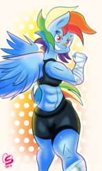 Size: 1142x1920 | Tagged: safe, artist:burnt-sprinkles, rainbow dash, anthro, g4, abs, bandaid, belly button, clothes, female, midriff, muscles, rainbuff dash, solo, sports bra, sweat, taped fists, workout, workout outfit