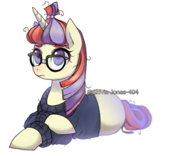 Size: 810x713 | Tagged: dead source, safe, artist:akivia-jones-404, moondancer, pony, amending fences, g4, clothes, crossed hooves, cute, female, glasses, solo, sweater, watermark, wool