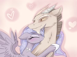 Size: 3000x2224 | Tagged: safe, artist:magnaluna, discord, princess luna, alicorn, abstract background, ear fluff, eyes closed, female, hug, jewelry, lunacord, male, mare, necklace, nibbling, shipping, straight