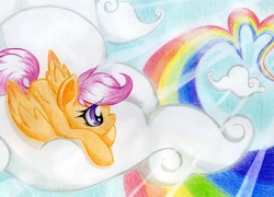 Size: 3042x2191 | Tagged: safe, artist:emberslament, scootaloo, pegasus, pony, g4, cloud, cute, female, filly, foal, high res, lying down, on a cloud, prone, rainbow, solo, traditional art, wings
