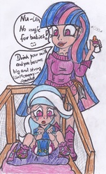 Size: 1905x3141 | Tagged: safe, artist:cuddlelamb, trixie, twilight sparkle, human, g4, age regression, baby, bottle, crib, cute, diaper, filly, humanized, mama twilight, onesie, traditional art