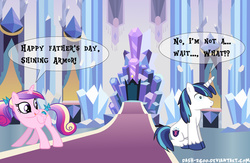 Size: 2785x1818 | Tagged: safe, artist:dash2600, artist:dm29, princess cadance, shining armor, g4, dialogue, father's day, female, implied pregnancy, male, ship:shiningcadance, shipping, straight, you're going to be a father