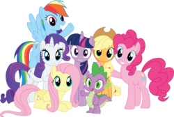 Size: 3975x2677 | Tagged: safe, artist:sketchmcreations, applejack, fluttershy, pinkie pie, rainbow dash, rarity, spike, twilight sparkle, alicorn, pony, g4, twilight's kingdom, adobe illustrator, cowboy hat, female, floating, group, group shot, hat, high res, let the rainbow remind you, looking at you, mane seven, mane six, mare, open mouth, prone, raised hoof, simple background, smiling, song, stetson, transparent background, twilight sparkle (alicorn), vector
