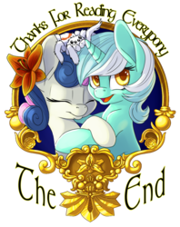 Size: 791x1000 | Tagged: safe, artist:pusspuss, bon bon, lyra heartstrings, sweetie drops, oc, oc:scary, earth pony, pony, spider, unicorn, g4, bon bon's acceptance, eyes closed, fanfic art, female, flower, flower in hair, happy, lesbian, mare, open mouth, open smile, ship:lyrabon, shipping, smiling